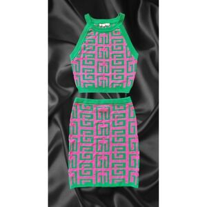 IMMODEL Womens Pink Green Geometric Greek Key Knit Crop Top Mini Skirt Set S